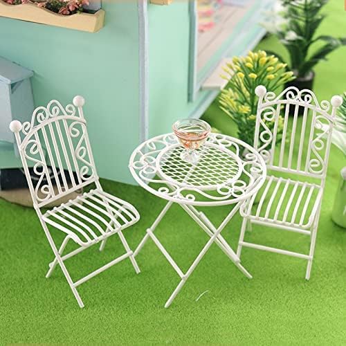 Dollhouse Miniature Bistro Table & Chairs Set Accessories Metal 1:12 Scale Miniatures White Coffee/Tea Furniture Fairy Garden Cute Rustic Elegant Decorations Ornaments (C)