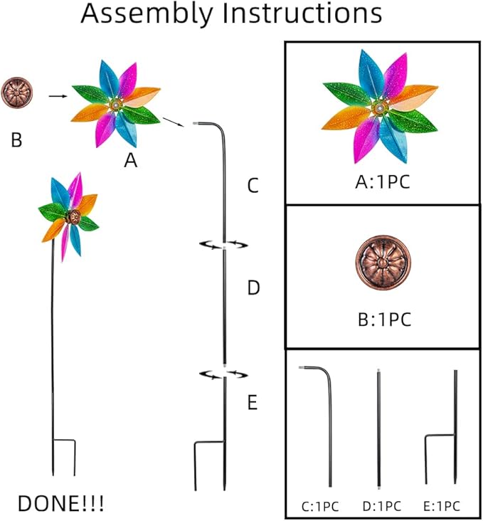 DREAMYSOUL Colorful Wind Spinner 38Inches, Metal Garden Pinwheels for Yard and Garden, Decorative Wind Spinners for Outdoor Patio Yard Lawn