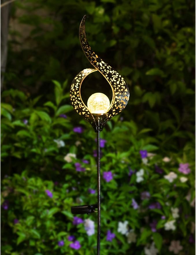 HOMEIMPRO Outdoor Garden Solar Lights Stake,Crackle Glass Globe,Metal Flower Waterproof LED Fairy Lights for Pathway,Lawn,Patio or Courtyard,Gardening Gift (Bronze)