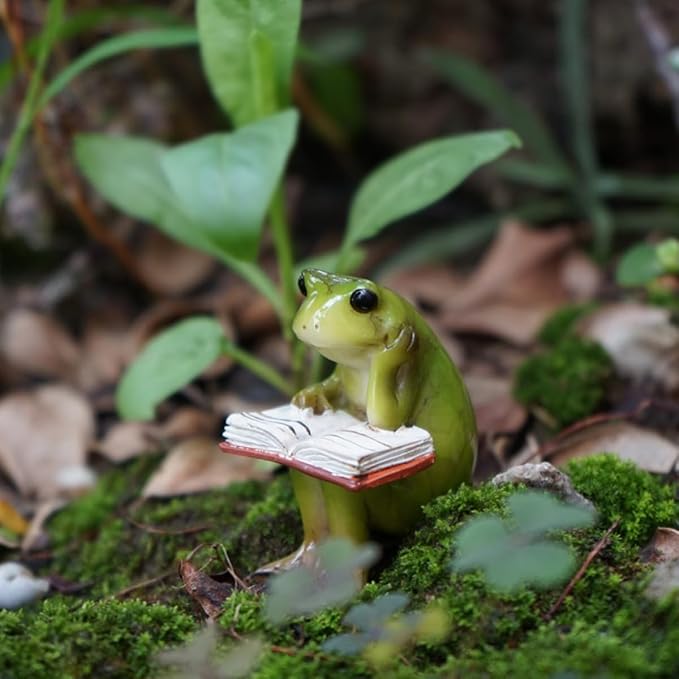 Miniature Small Frog Reading Book,Rabbit Reading Book with Bird, Animal Figurines Fairy Garden Supplies Terrarium Accessories DIY Miniature Garden (Miniature Small Frog Reading Book)