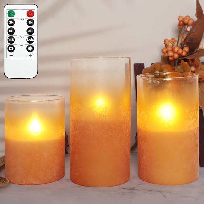 Orange Flameless Candles - Battery Operated Candles with Remote Orange Glass Sandblasted Design Wax Unscented - Centerpieces for Dinner Table Tray House Warming Thanksgiving Gifts