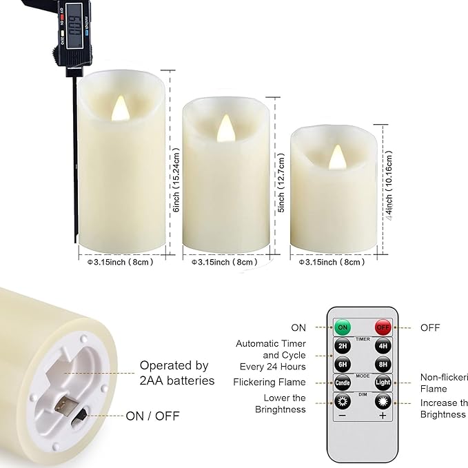 Tappovaly Flameless Flickering Battery Operated Candles 3pack Real Wax Pillar LED Candles with 10-Key Remote Control and 24 Hours Timer for Wedding, Party, Home Decoration (Ivory)