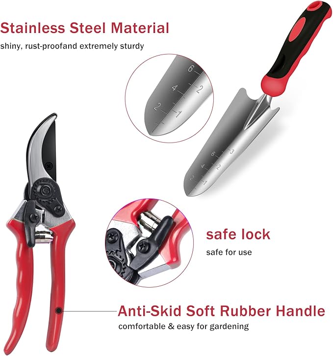 Red Gardening Tools, WisaKey 9 Piece Stainless Steel Heavy Duty Garden Tools, Red Gardening Hand Tools with Non-Slip Ergonomic Handle, Garden Tote Bag, Gardening kit, Gardening Gifts for Women and Men