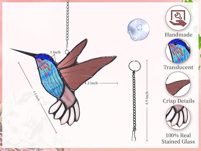 Lolitarcrafts Stained Glass Hummingbird Window Hangings with Flowers, Bird Stained Glass Suncatcher for Window Decor Hummingbird Gifts for Mom,Bird Lovers (Blue B)