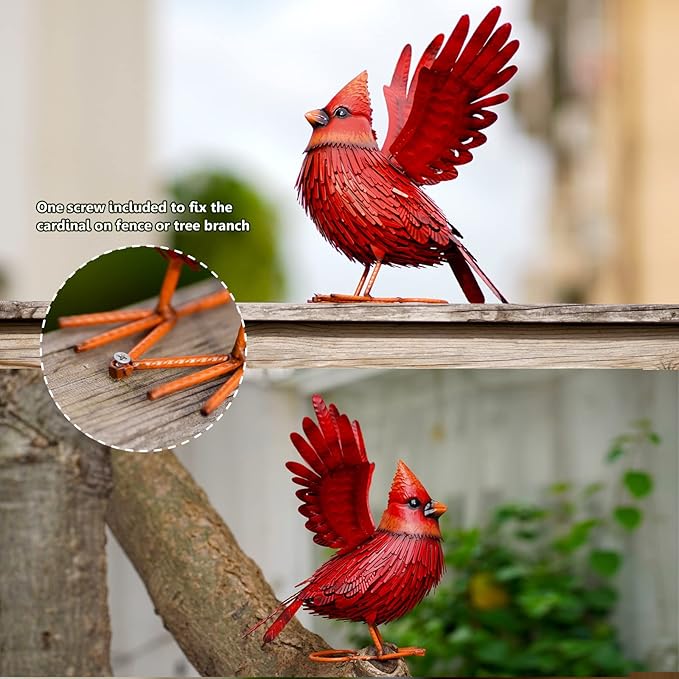Nacome Cardinal Garden Decor Metal Yard: Art Outdoor Sculptures & Statues Large Red Bird Ornaments for Patio Balcony Front Backyard - Gifts for Grandma Mom