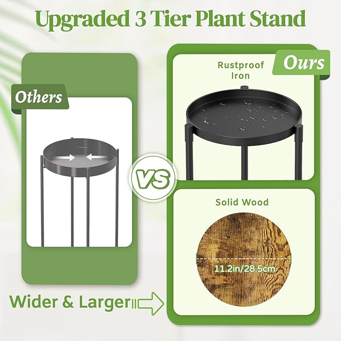 iDavosic.ly 3 Tier Corner Plant Stand Indoor, 34 Inch Tall Vertical Metal Flower Heavy Duty Pot Holder Shelf Outdoor for Patio Porch Living Room, Modern Black & Rustic Brown - Round