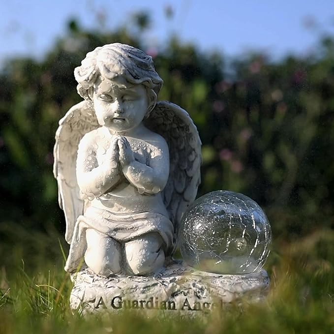 Angel Decor Praying Cherubs Statue Garden Decor, Angel Garden Figurines Outdoor Decoration,Baby Angel Garden Statue with Solar Crackle Glass Globe for Lawn Patio Decorations