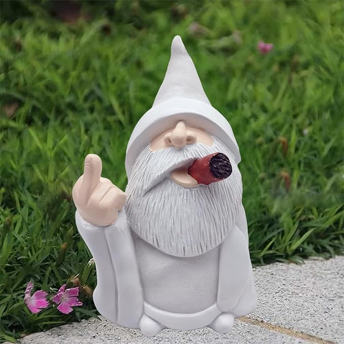 MINICAR 8'' H Funny Middle Finger Gnomes Statues Outdoor Decor, Naughty Smoking Wizard Sculptures Garden Yard Lawn Decorations, Unique Paintable Gifts
