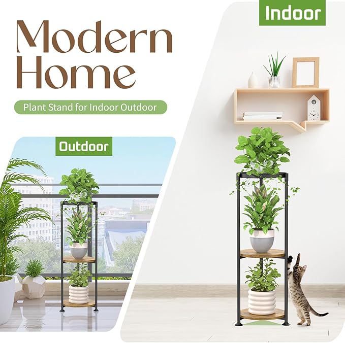 iDavosic.ly 3 Tier Corner Plant Stand Indoor, 34 Inch Tall Vertical Metal Flower Heavy Duty Pot Holder Shelf Outdoor for Patio Porch Living Room, Modern Black & Rustic Brown - Round
