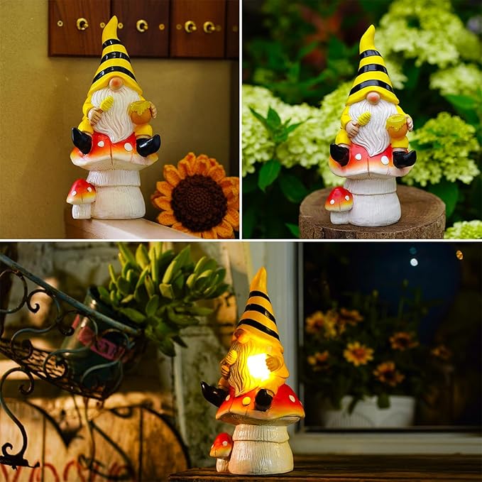 Solar Gnome Decor for Outside - Garden Beer Gnome Outdoor with Solar Lights, Sitting on Mushrooms - Perfect Housewarming or Women's Gifts (Yellow)