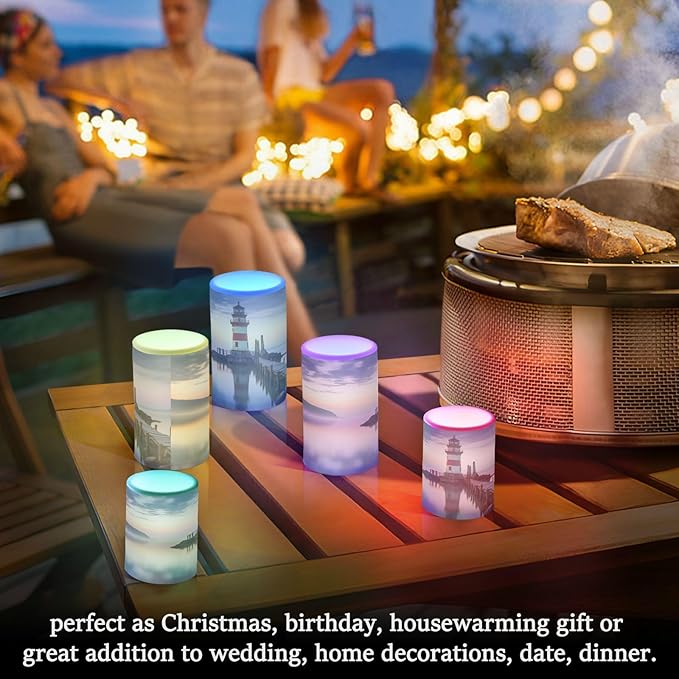 Lighthouse Flameless Candles with Remote Control and Timer, Adjustable Brightness Long Lasting Battery Operated LED Pillar Candles for Indoor Outdoor Party Home Decor, 2 Pack