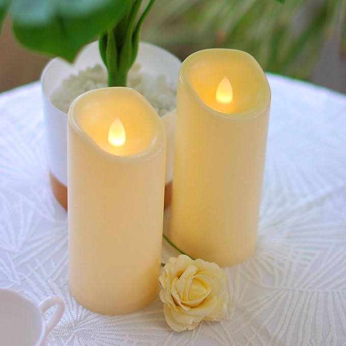 CANDLE CHOICE Waterproof Outdoor Battery Operated Flameless Candles with Timer Flickering Plastic Resin Electric LED Pillar Lights for Lantern Patio Garden Wedding Party Decorations 3x7 Inches 2 Pack