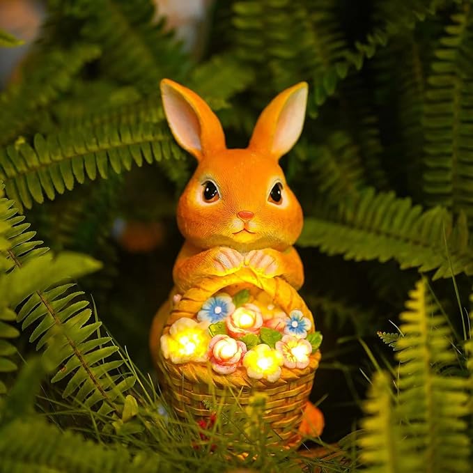 Solar Garden Statues Rabbit & Flowers Decor Outdoor Indoor with 5 LED Light, Unique for Women,Mom,Grandma,Girls, Bunny Lawn Decorations Statue for Patio,Yard Ornament,Gardening
