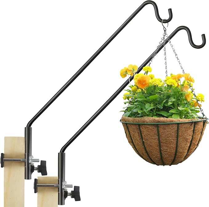 2 Packs Extended Fence Deck Hook Rail Hook Heavy Duty Bird Feeder Hook, 360 Degree Rotary and Length Adjustable Plant Bracket for Bird Feeders Planters Suet Baskets Lanterns Wind Chimes and More