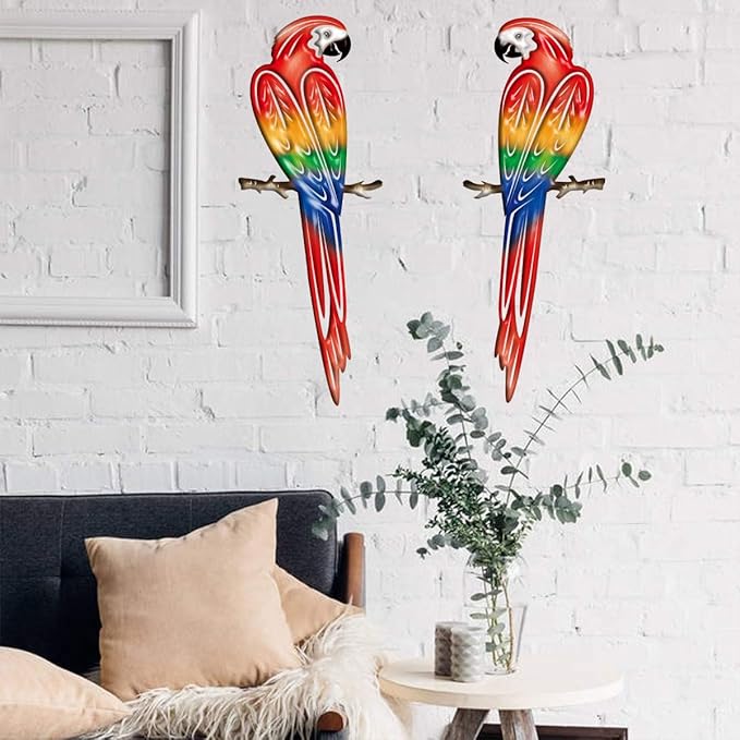 Metal Outdoor Wall Art Decor,3D Colorful Garden Birds Sculpture Outdoor Iron Hanging Parrot Decor, Metal Hand-Made Bird Wall Art Decorations for Fence Patio Balcony Living Room