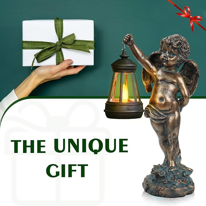 MININOVA Angel Statues Garden with Solar Lantern Outdoor Cherub Decorations Patio Yard Lawn Ornaments Housewarming Gifts for Mom Grandma Women