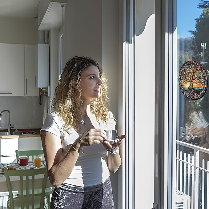 Tree of Life Suncatcher Indoor/Outdoor Stained Glass Window Hanging - Handmade Stained Glass Suncatchers for Windows Hanging - Decoration for Home Garden Christmas Party Wedding Housewarming Gifts