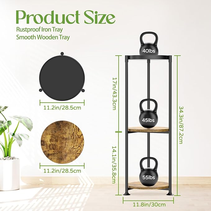 iDavosic.ly 3 Tier Corner Plant Stand Indoor, 34 Inch Tall Vertical Metal Flower Heavy Duty Pot Holder Shelf Outdoor for Patio Porch Living Room, Modern Black & Rustic Brown - Round