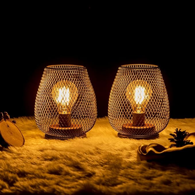 DECORKEY Set of 2 Rechargeable LED Table Lantern, Brown Metal Cage Cordless Lamps with LED Bulb,Vintage Decorative Outdoor Lantern for Weddings, Parties, Patio, Events for Indoors Shelf Decor
