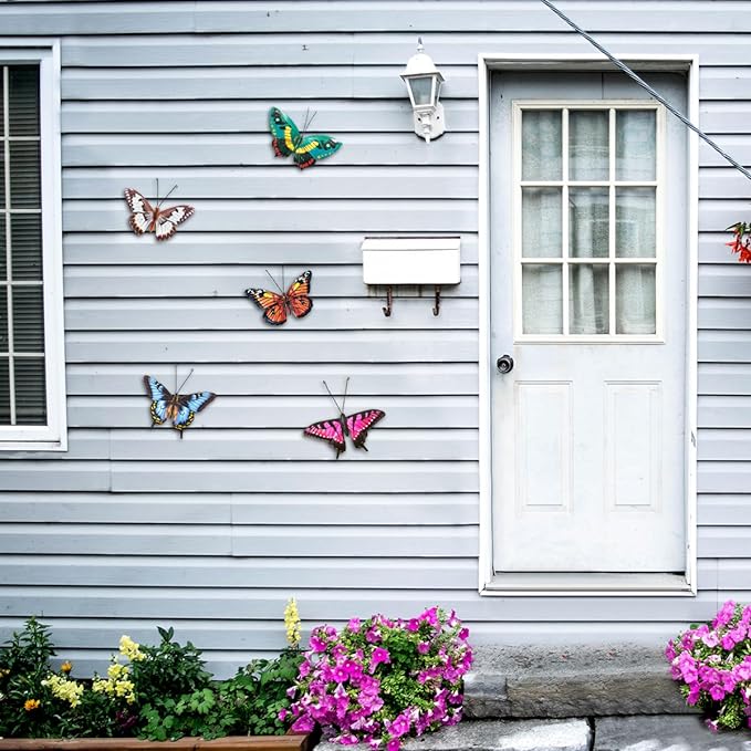 Metal Butterfly Wall Decor - 5 Pack Lifelike Butterflies Wall Art Sculpture Hanging Decorations for Indoor or Outdoor, Yard Patio Fence Garden Decoration