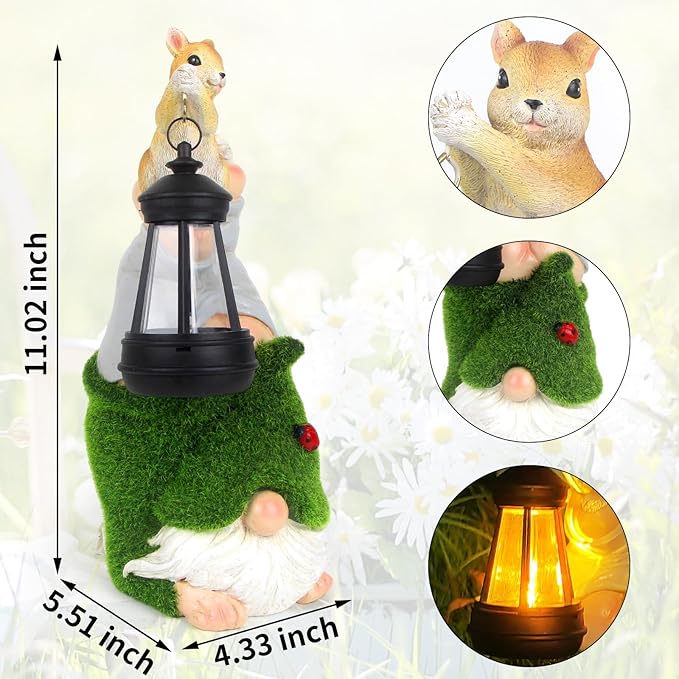 Garden Gnome with Squirrel Outdoor Statue,Flocked Gnome Statue Holding Lantern with Solar Lights,Outdoor Gnomes Decorations for Yard Patio Lawn Porch,Gifts for Mom