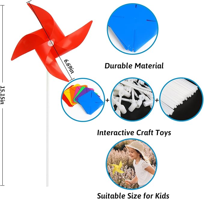 KIMOBER 100PCS Colourful Pinwheels,Mixed Colors Plastic Wind Spinners Toy for Kids,4 Vane Windmill for Home Garden Lawn Indoor Outside Decoration