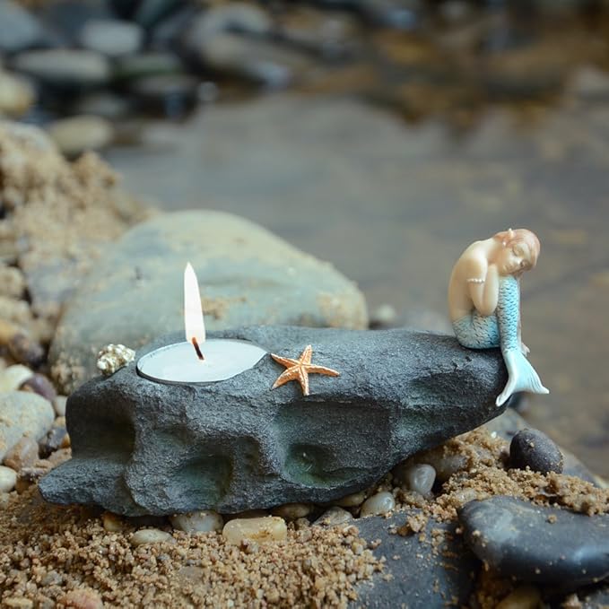 Top Collection Miniature Fairy Garden and Terrarium Statue, Mermaid Resting on Stone T-Light Candle Holder