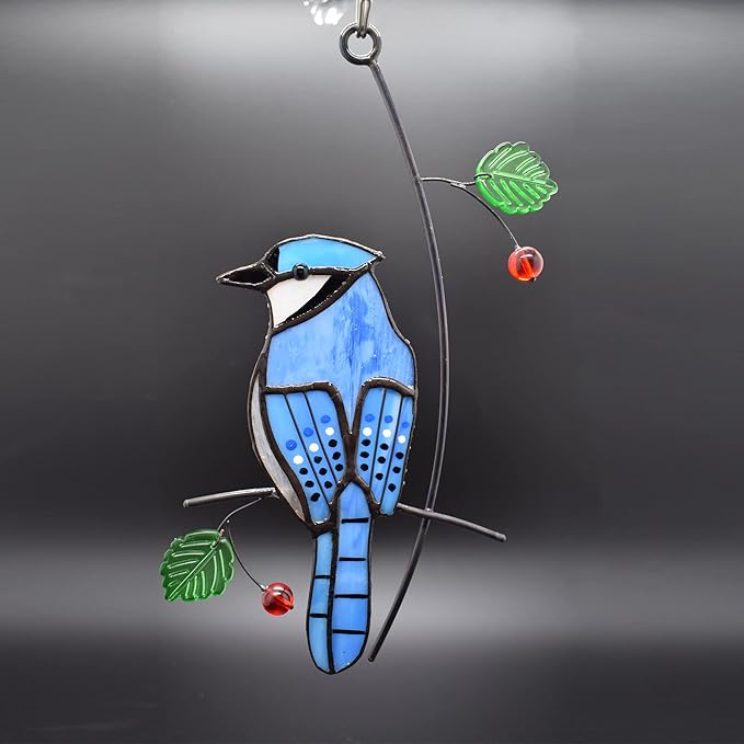 Lolitarcrafts Blue Jay Modern Stained Glass Window Hangings Blue Birds Suncathers for Window