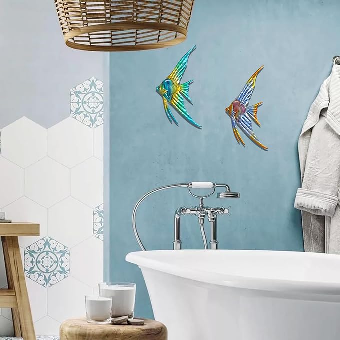 LIFFY Metal Fish Wall art Decor Beach Wall Decor Angelfish Art Sculpture Hanging for Outdoor Ocean Beach Sea Pool Decorations(Pair of Angelfish)