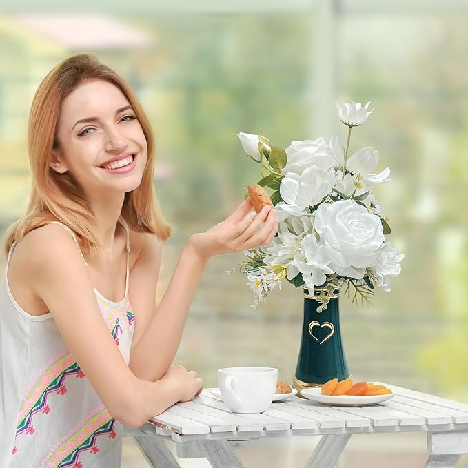 LoveLin Artificial Flower Arrangement for Ceramic Vase,White Roses Floral Bouquet Paired Abstract Prayer Hand Shaped Dark Green Vase,Affordable Luxury Art Pieces,Lndoor Ornament, 17″