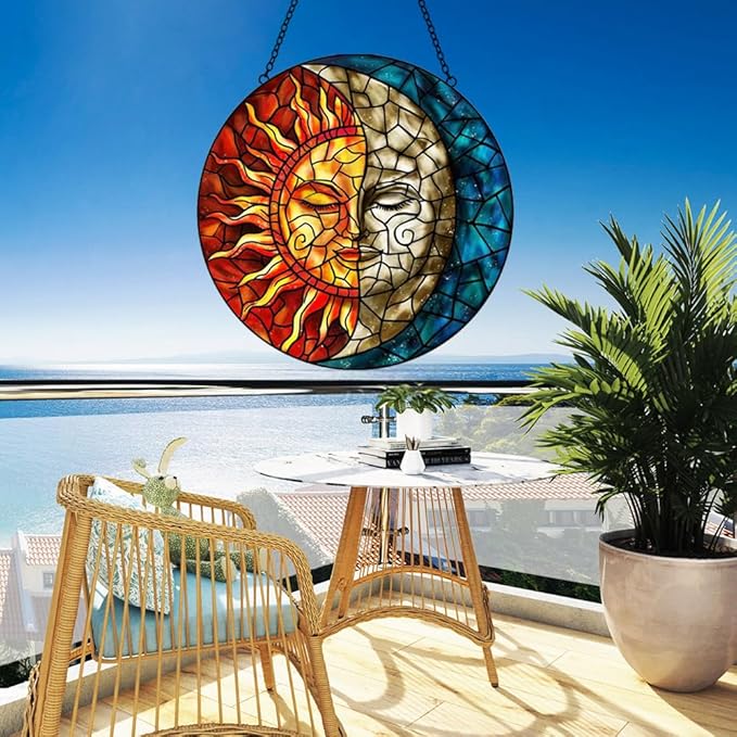 Sun and Moon Suncatcher Stained Glass Window Hanging - Handmade Stain Glass Suncatchers with Chain - Sun Catchers Indoor Window Glass Panel for Home Decor Garden Thanksgiving Valentines Day Gifts
