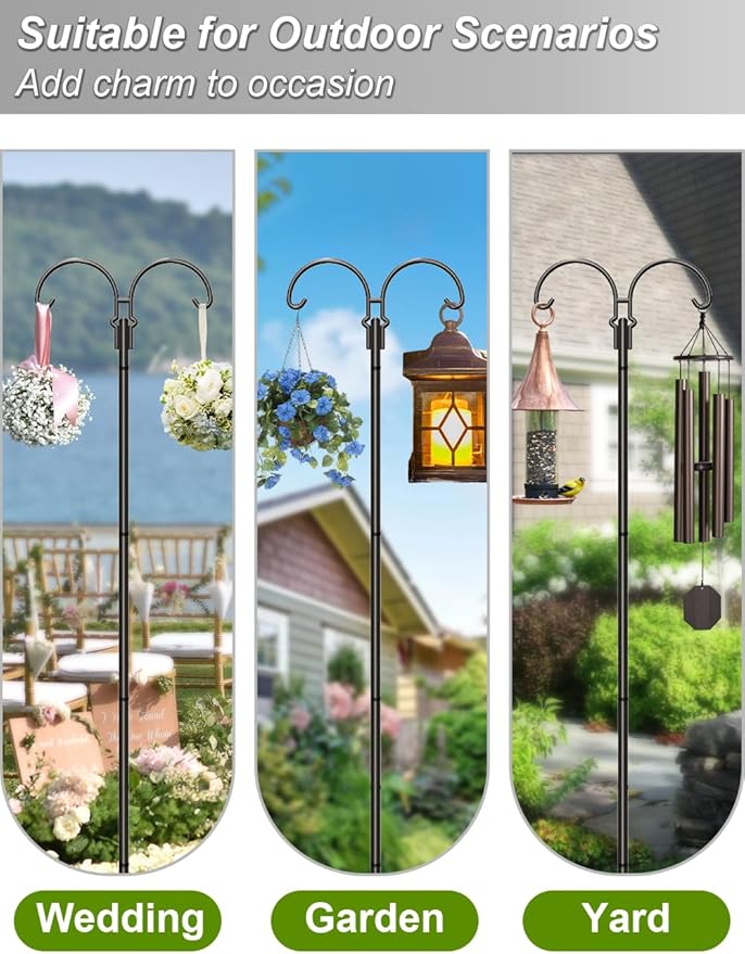 Outdoor Double Shepherds Hook with 5 Prong Base, 76 Inch Adjustable Heavy Duty Two Sided Bird Feeder Pole Stand for Hanging Plant Baskets, Solar Light Lanterns, Hummingbird Feeder, 1 Pack