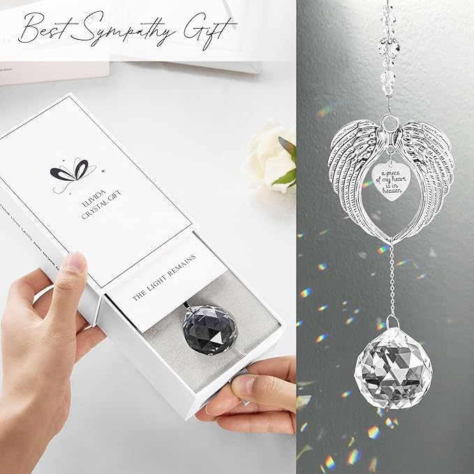 Sympathy Gift Modern Grief Gift for Lose of Loved Ones, Memorial Suncatcher with 40mm Crystal Ball, Sorry for Your Lose Rainbow Maker, Bereavement Gift Idea Angel Wings Design, Clear