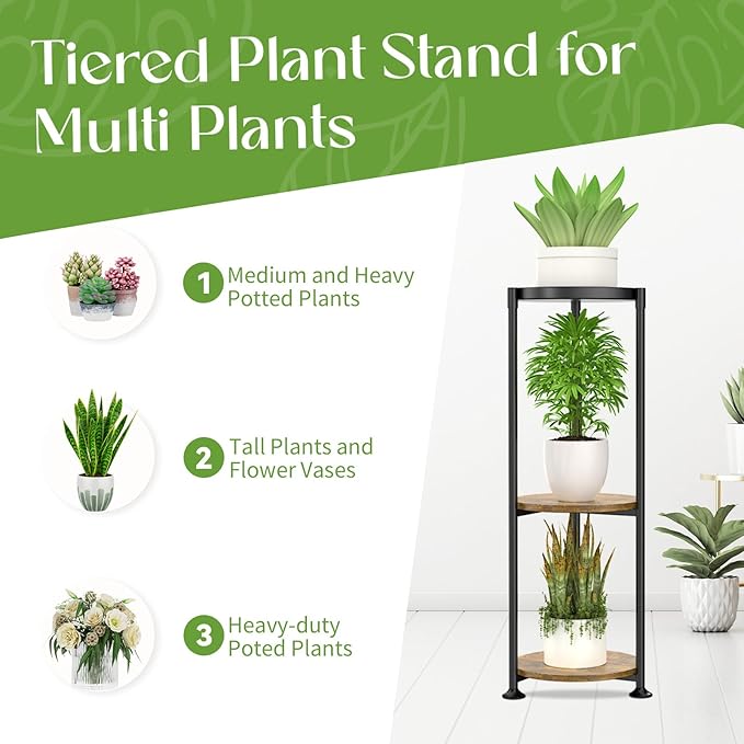 iDavosic.ly 3 Tier Corner Plant Stand Indoor, 34 Inch Tall Vertical Metal Flower Heavy Duty Pot Holder Shelf Outdoor for Patio Porch Living Room, Modern Black & Rustic Brown - Round