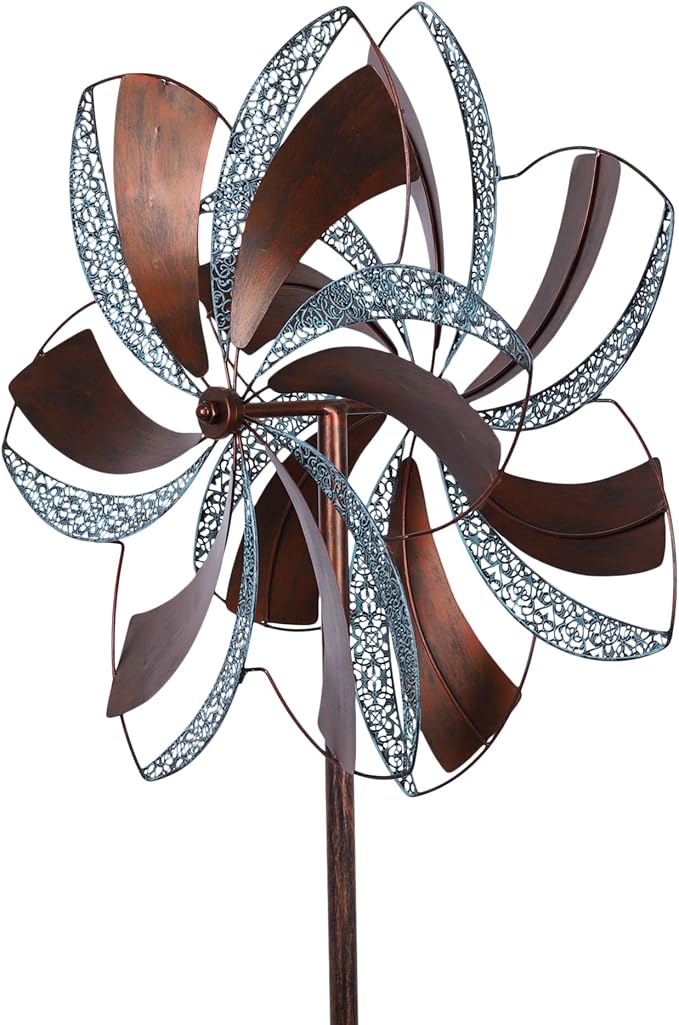 Garden Wind Spinner,Flower Wind Spinner,Outdoor Metal Wind Sculpture & Spinner Large 23 inch Dia 84 inch Height Kinetic Windmill for Garden Yard
