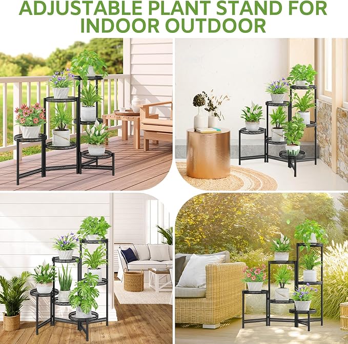iDavosic.ly 6 Tier Large Plant Stand Indoor with 10 Inch Wide Tray, Tiered Corner Metal Outdoor Flower Display Holder Shelf, Folding Tall Rack for Patio Porch Balcony, Black Iron Carving