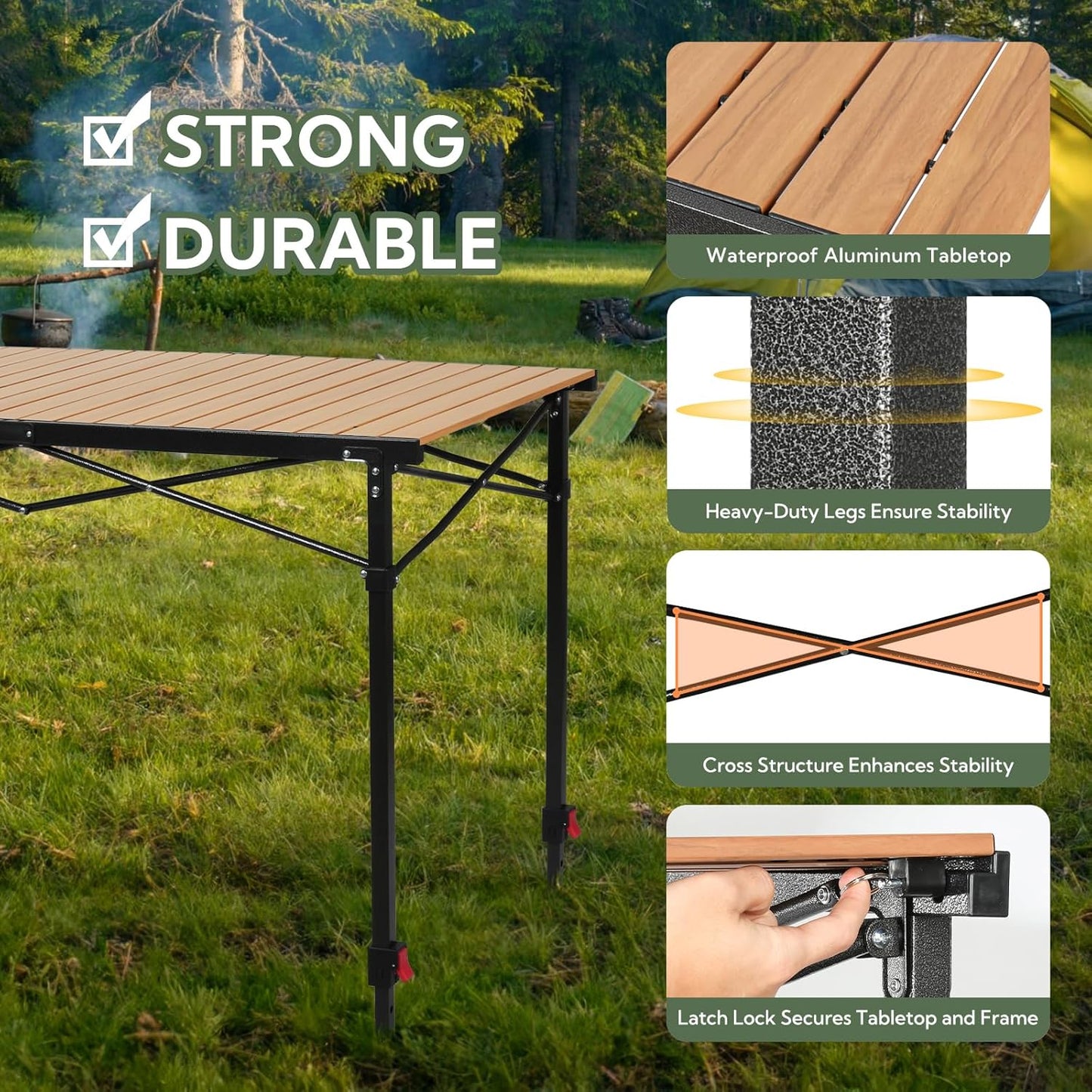 Portable Outdoor Adjustable Height Camping Table, Large for 2-6 Person, Foldable Roll-up Aluminum Camp Table with Carry Bag for Picnic, Camp, Sturdy, Stable, Loads 220 Lbs