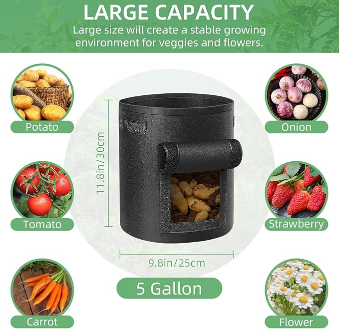 12 Pack 5 Gallon Potato Grow Bags, Heavy Duty Nonwoven Fabric Garden Planting Bag Plant Container with Flap and Handles, Aeration Fabric Pots for Growing Vegetable, Fruits and Flowers