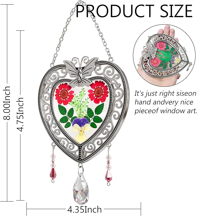 KY&BOSAM Heart Suncatcher Crystal Tree of Life Stained Glass Panles Real Flower Hangings for Windows Home Garden Outside Wind Chime Decor Birthday Gifts for Women Mother`s Day Christmas Ornament