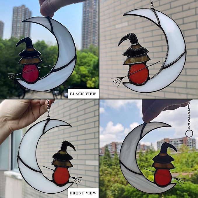 Witch On Moon Stained Glass Window Hanging Panel, Suncatcher for Windows, Witch Decor Riding Moon Face Sun Catcher Halloween Ornament.