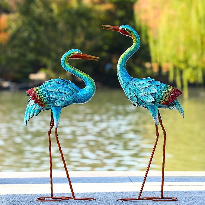 Natelf Crane Statues for Garden Decor, Blue Heron Sculptures, Metal Large Birds Lawn Sculptures & Statue for Patio Pond, Yard Decorations, Set of 2