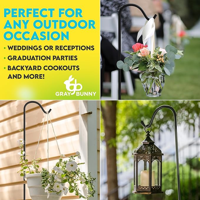 Gray Bunny 35" Shepherds Hooks for Outdoor 4 Pack, Thick Bird Feeder Pole, Hanging Plant Stand, Shepherds Hook for Bird Feeder, Non-Hollow, Non-Adjustable, Extra Long Base Prongs