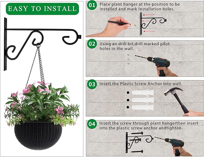 Plant Hanger Hook 4 Pack Hanging Basket Hooks,12in Metal Plant Wall Hanger,Plant Bracket Hook for Hanging Flower Baskets,Outdoor & Indoor Plant Hook Black