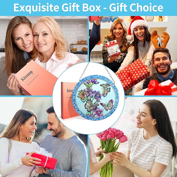 Butterfly Stained Glass Window Hanging - Butterfly Gifts for Women, Birds Suncatchers for Windows - Birds Window Hangings with Chain and Hook, 6 inch Stained Glass Suncatcher for Mom