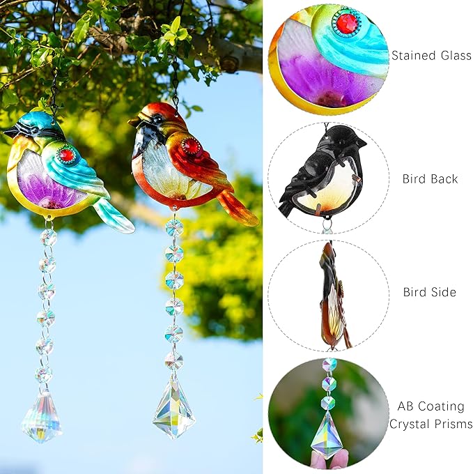 Set 2 Stained Glass Little Birds Suncatchers Rainbow Maker Crystal Prisms Hanging Suncatcher for Window Colorful Metal Birds Wall Art Fence Decorations