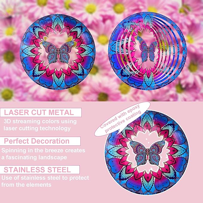 Wind Spinner Colorful Butterfly 12 inch 3D Stainless Steel Laser Cut Metal Double Sided Printing-Hanging Indoor/Outdoor Decorations Yard Gardening Decor,Metal Kinetic Art Ornament Gifts