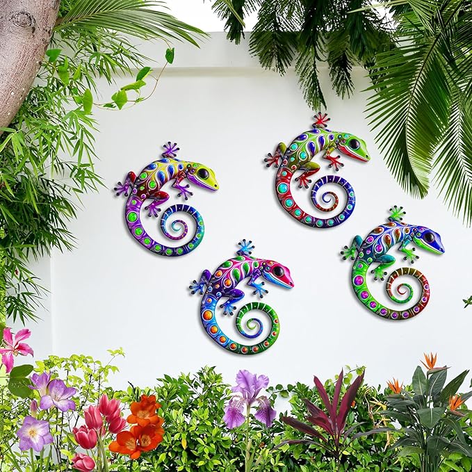 ULENDIS 4 Pack Metal Gecko Wall Decor, 7.8 Inch Lizard Outdoor Wall Art Fence Decorations for Patio and Yard, Colorful Hanging Decoration for Garden Living Room Bedroom Patio Balcony