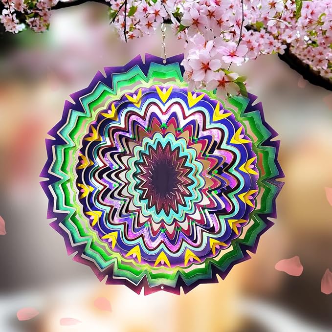 FONMY Wind Spinner Mandala Lucky Star Purple Color 12 inch 3D Stainless Steel Laser Cut Metal Art Geometric Pattern - Hanging Wind Spinner, Kinetic Yard Art Decorations - Indoor/Outdoor Décor