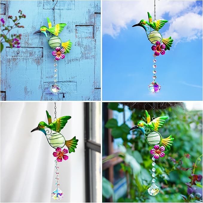 Stained Metal Hummingbird Suncatcher, Window Crystal Prisms Sun Catcher Hanging Ornament Rainbow Maker Bird Garden Wall Art Fence Decorations