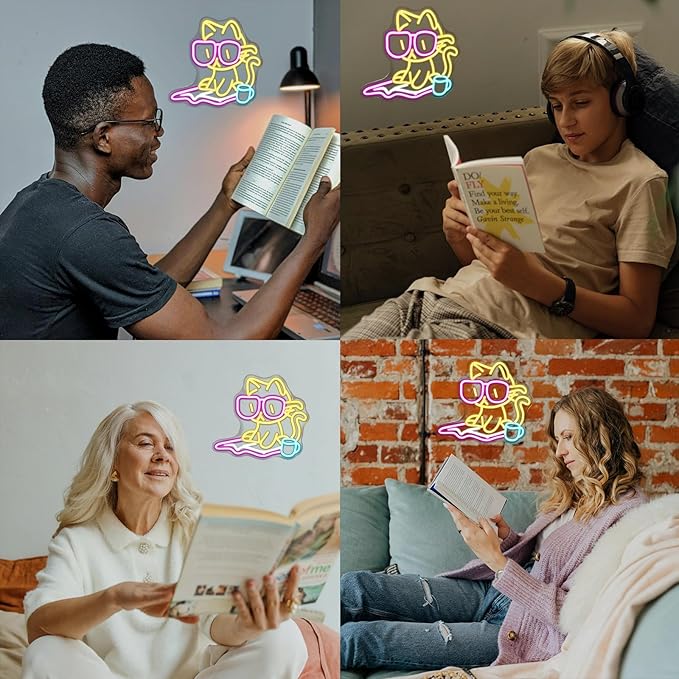 Cat Reading Book Neon Sign Wall Decor, Reading Cat Neon Light Bedroom Wall Decor Suitable for Classroom Book Party Library Decoration Reading Room Bookish Decor Gift